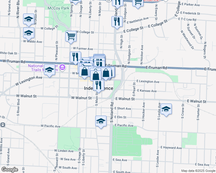 map of restaurants, bars, coffee shops, grocery stores, and more near 125 East Lexington Avenue in Independence