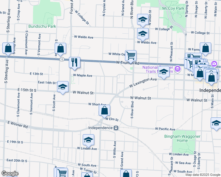 map of restaurants, bars, coffee shops, grocery stores, and more near 127 South Crysler Avenue in Independence