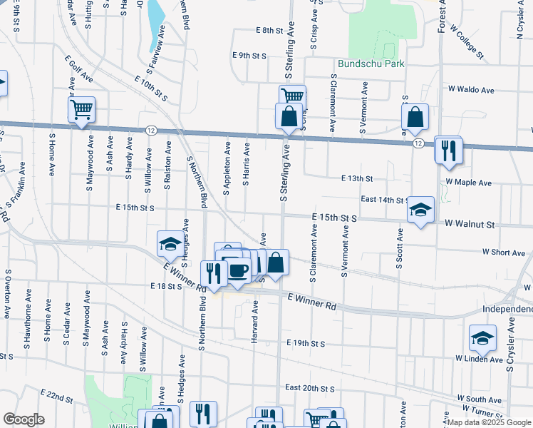map of restaurants, bars, coffee shops, grocery stores, and more near 11012 East 15th Street South in Independence