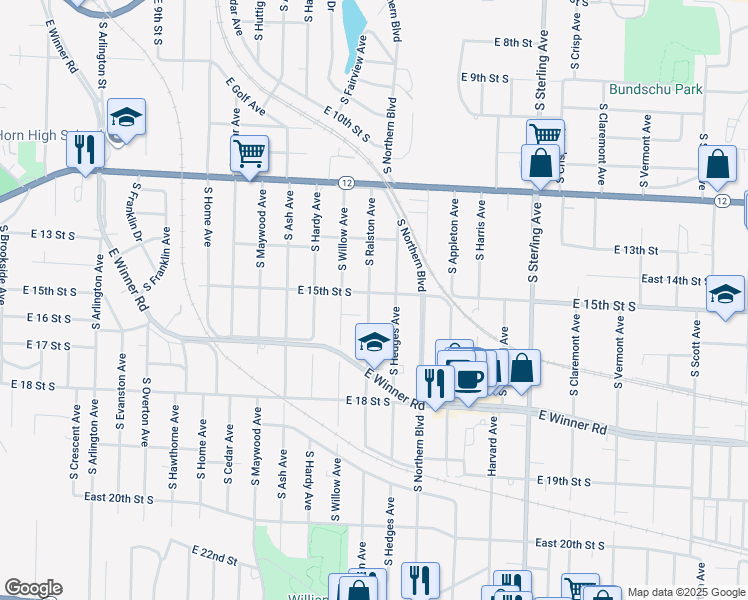 map of restaurants, bars, coffee shops, grocery stores, and more near 1502 South Hedges Avenue in Independence