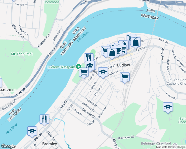 map of restaurants, bars, coffee shops, grocery stores, and more near 512 Oak Street in Ludlow