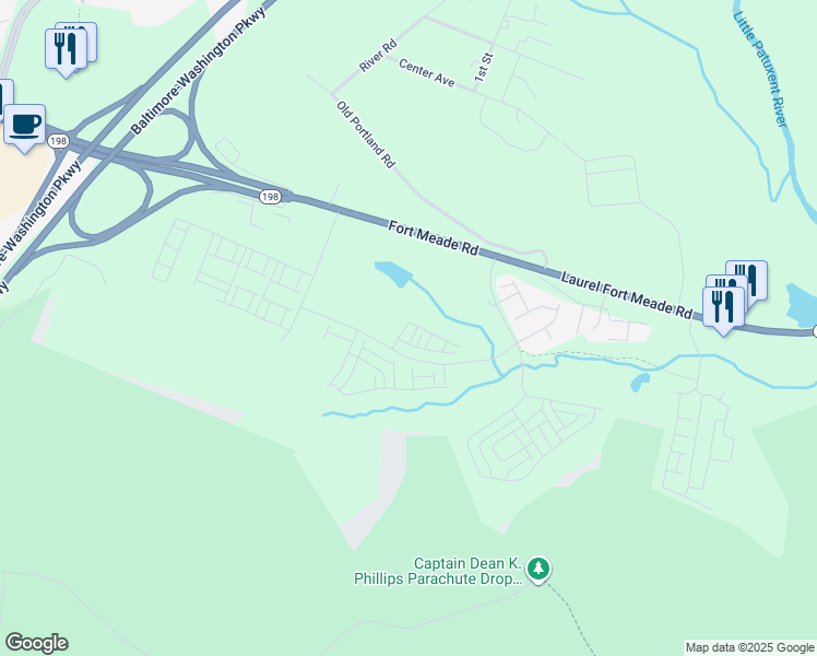 map of restaurants, bars, coffee shops, grocery stores, and more near 3017 Current Way in Laurel