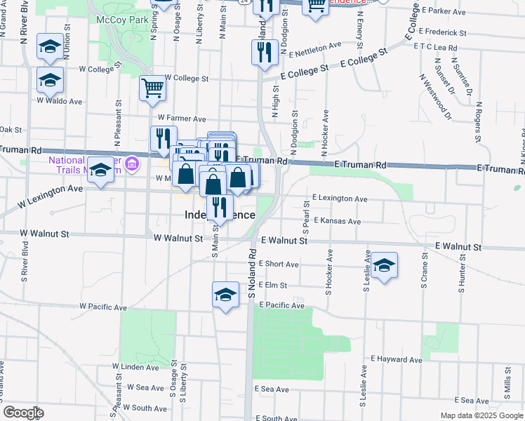 map of restaurants, bars, coffee shops, grocery stores, and more near 110 South Noland Road in Independence