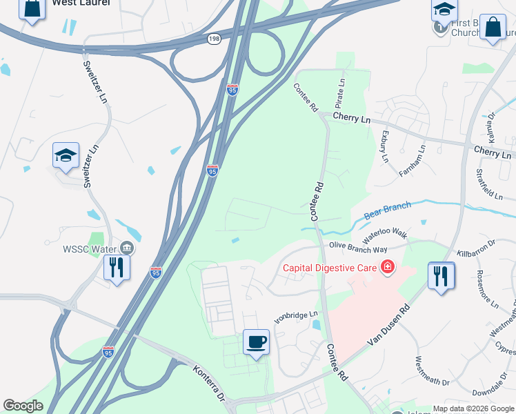 map of restaurants, bars, coffee shops, grocery stores, and more near 1005 Overlook Way in Laurel