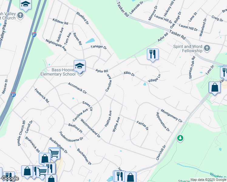 map of restaurants, bars, coffee shops, grocery stores, and more near 205 Halifax Court in Stephens City