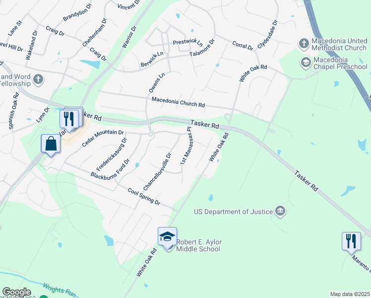 map of restaurants, bars, coffee shops, grocery stores, and more near 112 1st Manassas Place in Stephens City