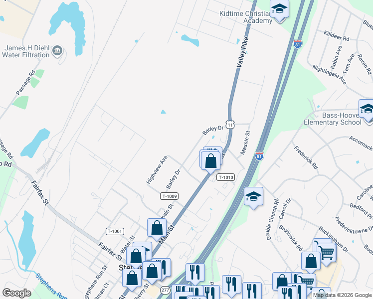 map of restaurants, bars, coffee shops, grocery stores, and more near 5095 Barley Drive in Stephens City