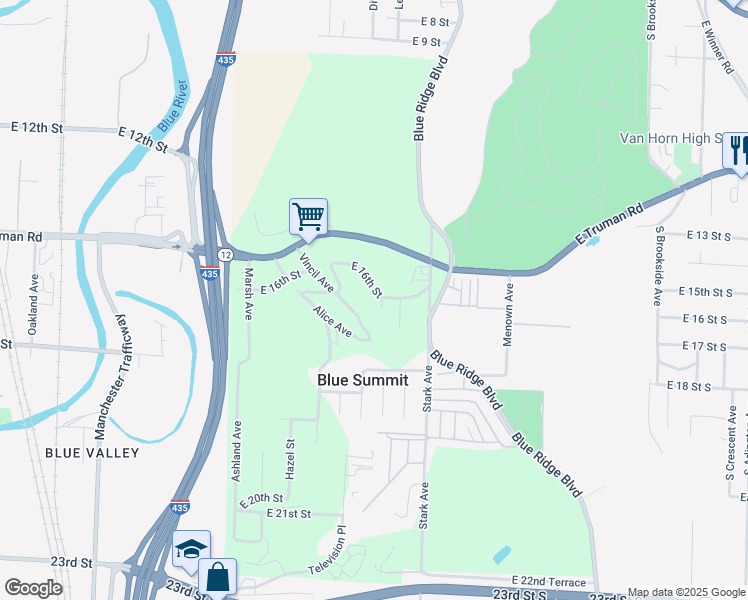 map of restaurants, bars, coffee shops, grocery stores, and more near 1600 Alice Avenue in Kansas City