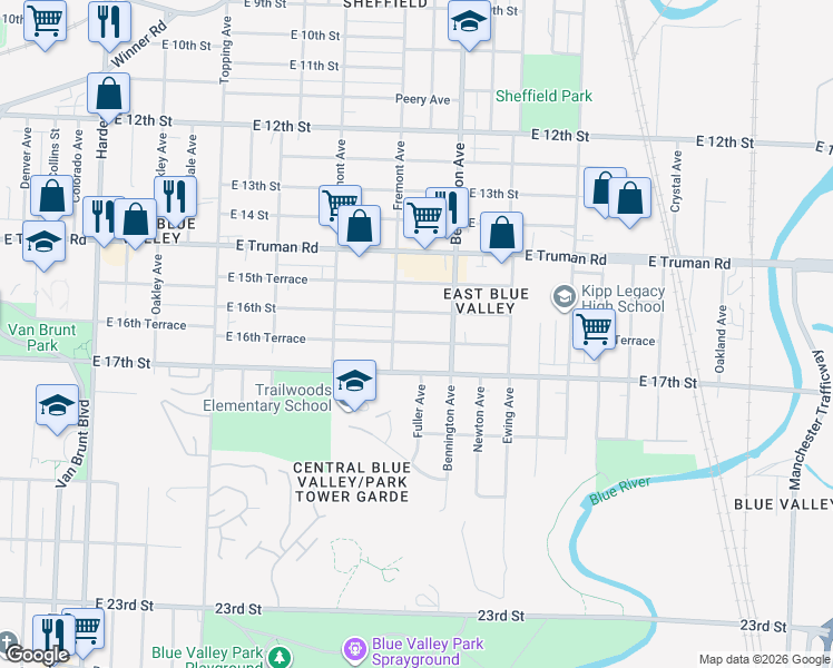 map of restaurants, bars, coffee shops, grocery stores, and more near 6414 East 16th Terrace in Kansas City