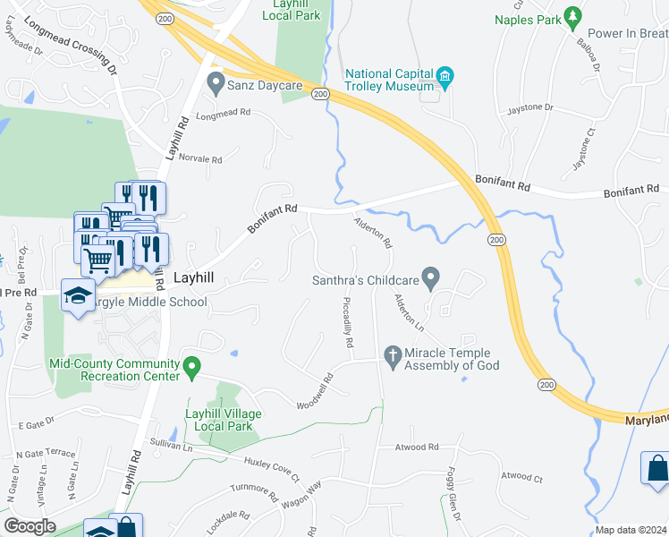 map of restaurants, bars, coffee shops, grocery stores, and more near 14305 Morton Hall Road in Silver Spring
