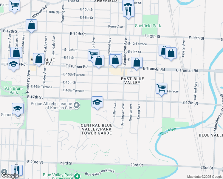 map of restaurants, bars, coffee shops, grocery stores, and more near 6414 East 16th Terrace in Kansas City