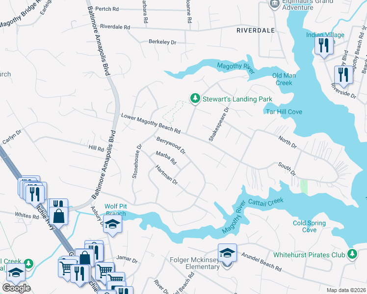 map of restaurants, bars, coffee shops, grocery stores, and more near 261 Berrywood Drive in Severna Park