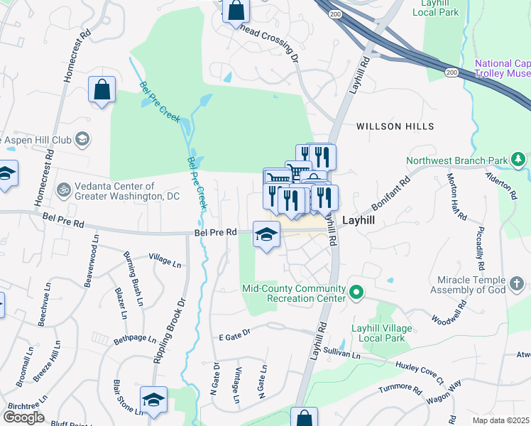 map of restaurants, bars, coffee shops, grocery stores, and more near 2350 Sun Valley Circle in Silver Spring