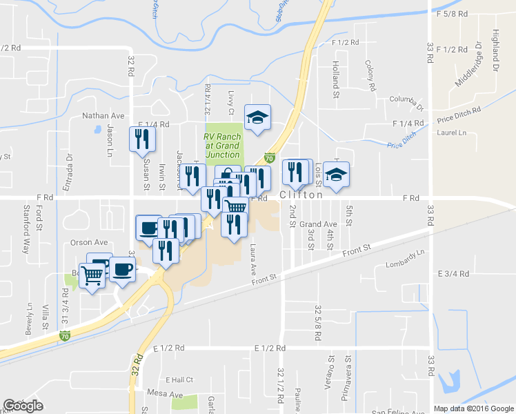 map of restaurants, bars, coffee shops, grocery stores, and more near 3247 F Rd in Clifton