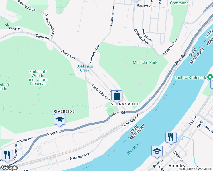 map of restaurants, bars, coffee shops, grocery stores, and more near 735 Delhi Avenue in Cincinnati