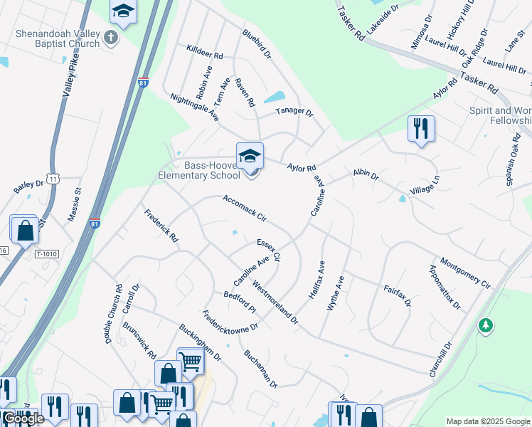 map of restaurants, bars, coffee shops, grocery stores, and more near 112 Accomack Circle in Stephens City