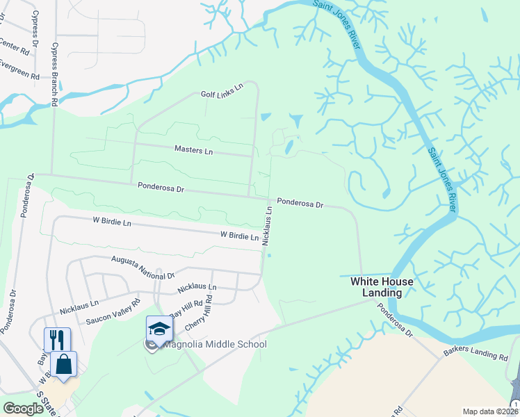 map of restaurants, bars, coffee shops, grocery stores, and more near 1328 Ponderosa Drive in Magnolia