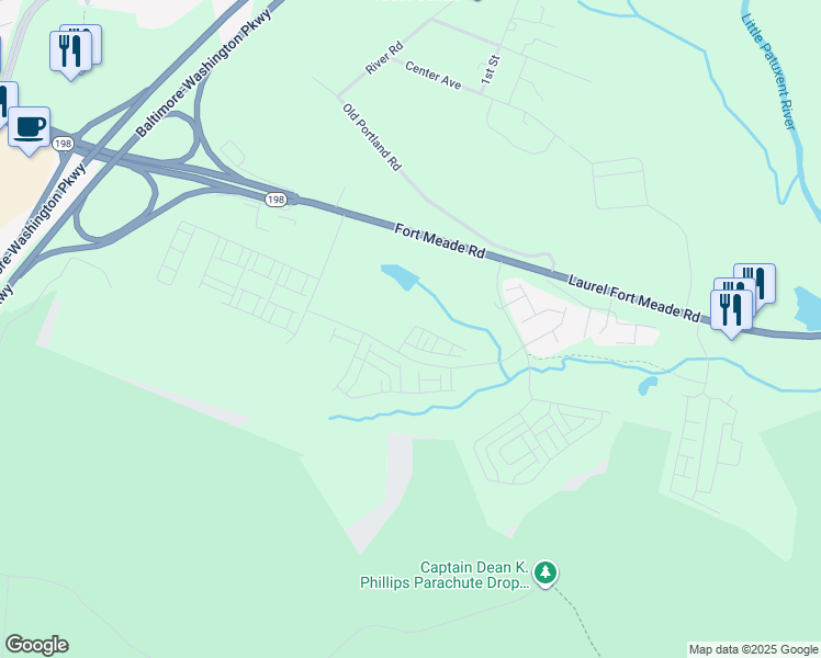 map of restaurants, bars, coffee shops, grocery stores, and more near 3017 Current Way in Laurel