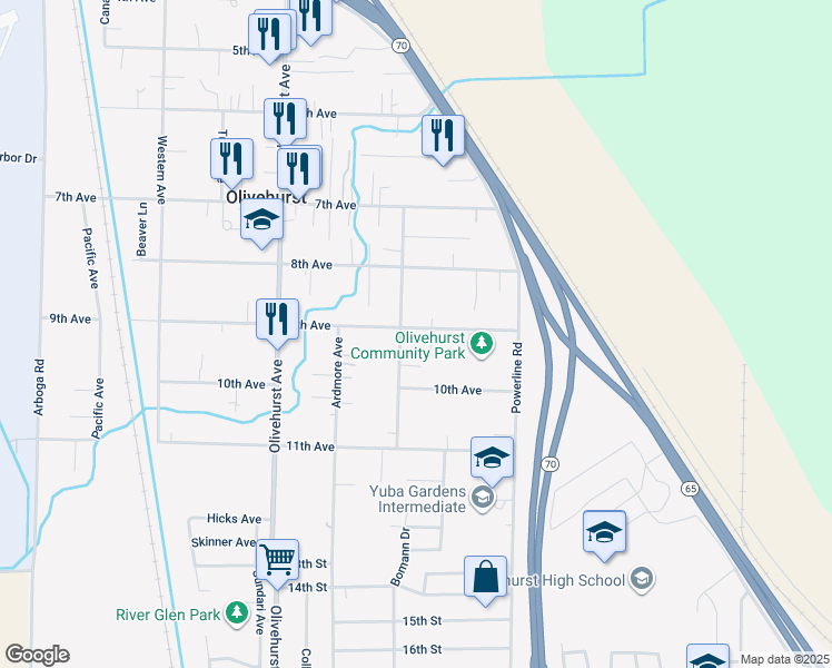 map of restaurants, bars, coffee shops, grocery stores, and more near 1894 9th Avenue in Olivehurst