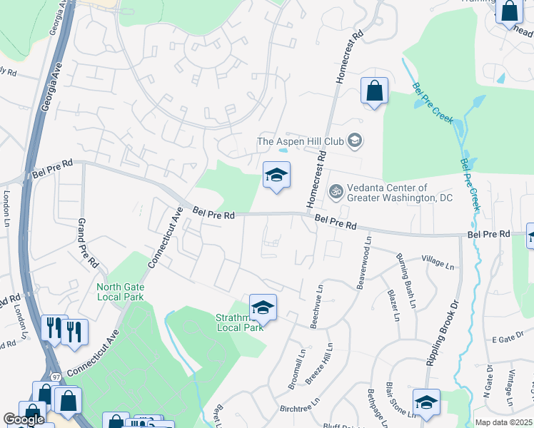 map of restaurants, bars, coffee shops, grocery stores, and more near 3041 Bel Pre Road in Silver Spring