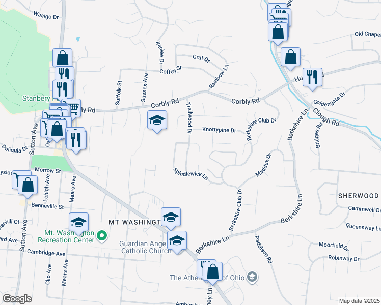 map of restaurants, bars, coffee shops, grocery stores, and more near 2092 Trailwood Drive in Cincinnati