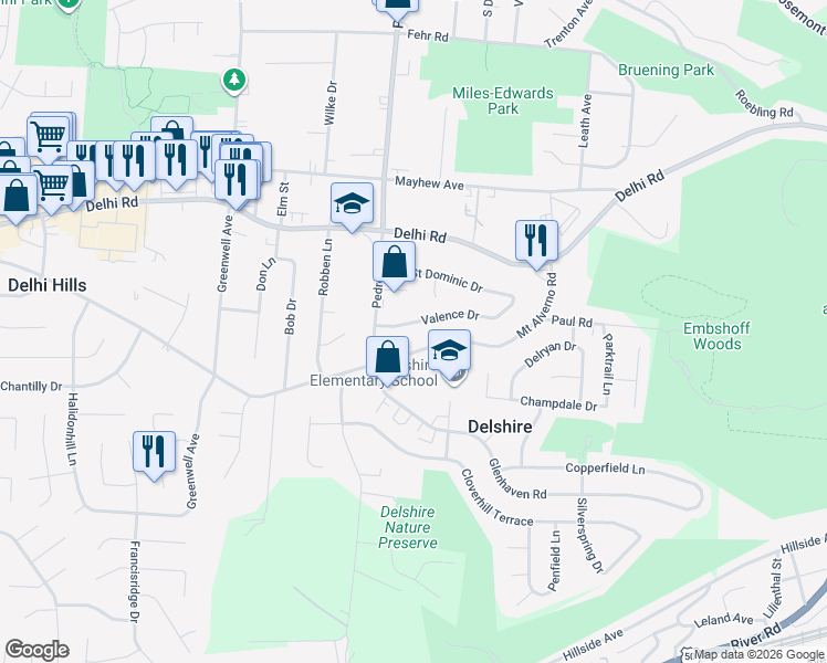 map of restaurants, bars, coffee shops, grocery stores, and more near 4457 Valence Drive in Cincinnati