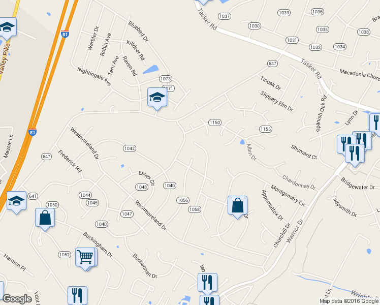 map of restaurants, bars, coffee shops, grocery stores, and more near 205 Halifax Court in Stephens City