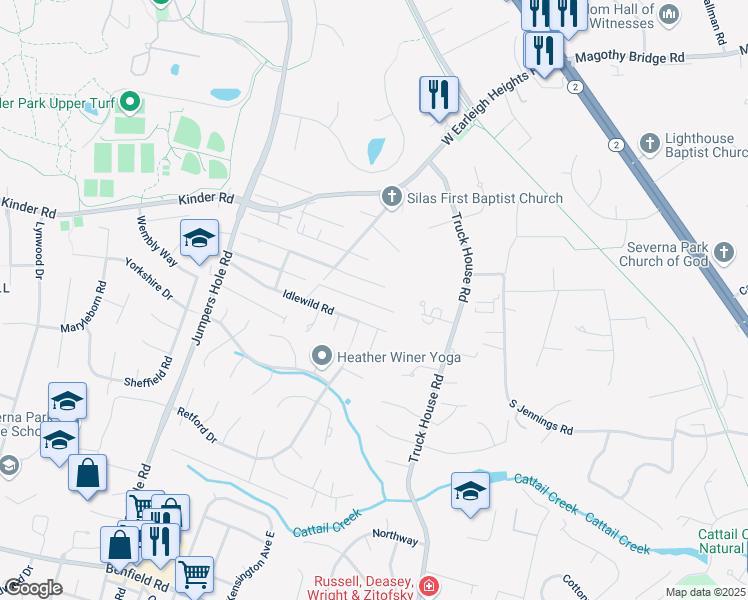 map of restaurants, bars, coffee shops, grocery stores, and more near 104 Clarence Avenue in Severna Park