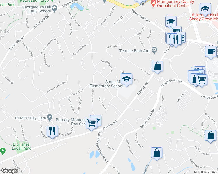 map of restaurants, bars, coffee shops, grocery stores, and more near 10609 Outpost Drive in North Potomac