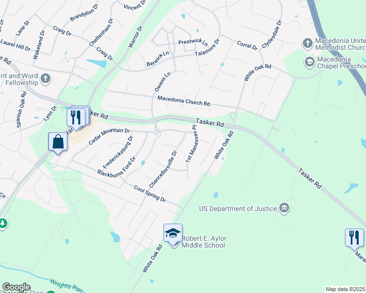 map of restaurants, bars, coffee shops, grocery stores, and more near 107 Chancellorsville Drive in Stephens City