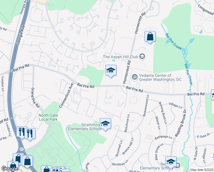 map of restaurants, bars, coffee shops, grocery stores, and more near 2223 Bel Pre Road in Silver Spring