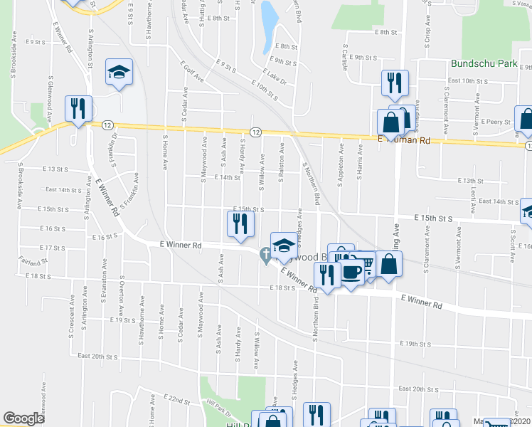 map of restaurants, bars, coffee shops, grocery stores, and more near 10503 East 15th Street South in Independence