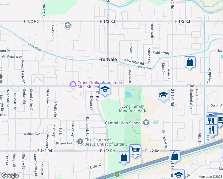 map of restaurants, bars, coffee shops, grocery stores, and more near 3105 F Road in Grand Junction