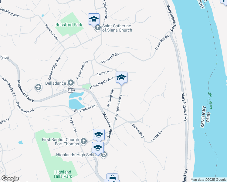 map of restaurants, bars, coffee shops, grocery stores, and more near 28 Hartweg Avenue in Fort Thomas