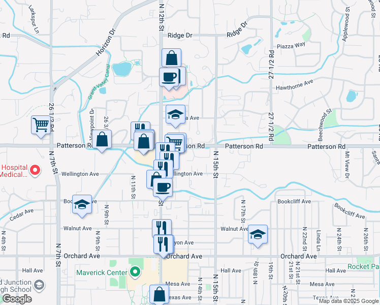 map of restaurants, bars, coffee shops, grocery stores, and more near 2715 Patterson Road in Grand Junction