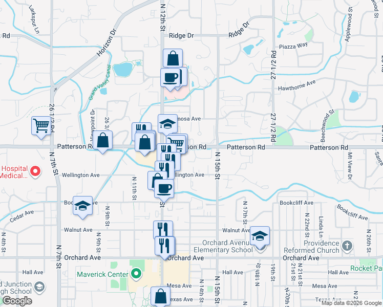 map of restaurants, bars, coffee shops, grocery stores, and more near 2715 Patterson Road in Grand Junction