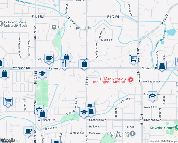 map of restaurants, bars, coffee shops, grocery stores, and more near 17 Patterson Road in Grand Junction