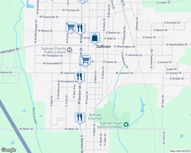 map of restaurants, bars, coffee shops, grocery stores, and more near 1-99 E Johnson St in Sullivan