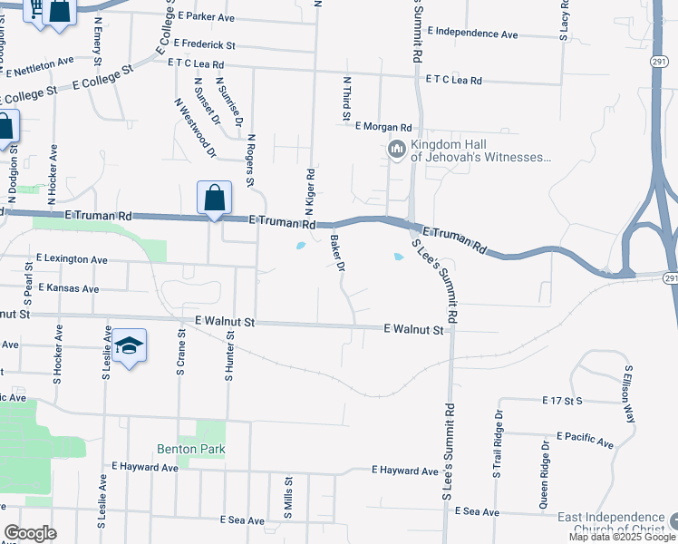 map of restaurants, bars, coffee shops, grocery stores, and more near 1301 Baker Drive in Independence
