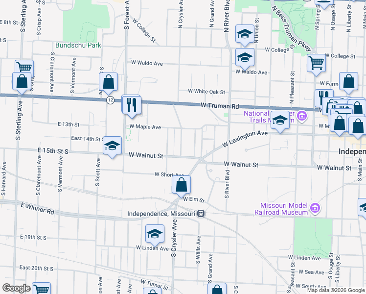 map of restaurants, bars, coffee shops, grocery stores, and more near 127 South Crysler Avenue in Independence