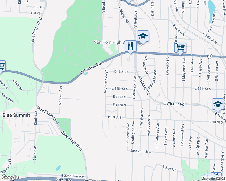 map of restaurants, bars, coffee shops, grocery stores, and more near 9333 East 15 Street South in Independence