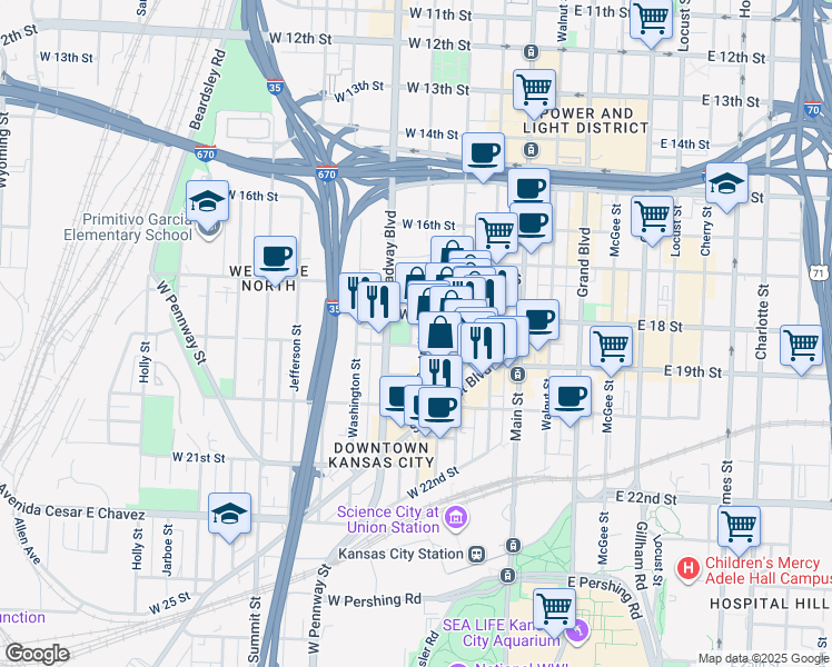 map of restaurants, bars, coffee shops, grocery stores, and more near 1809 Central Street in Kansas City