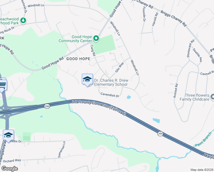 map of restaurants, bars, coffee shops, grocery stores, and more near 1312 Swingingdale Drive in Silver Spring