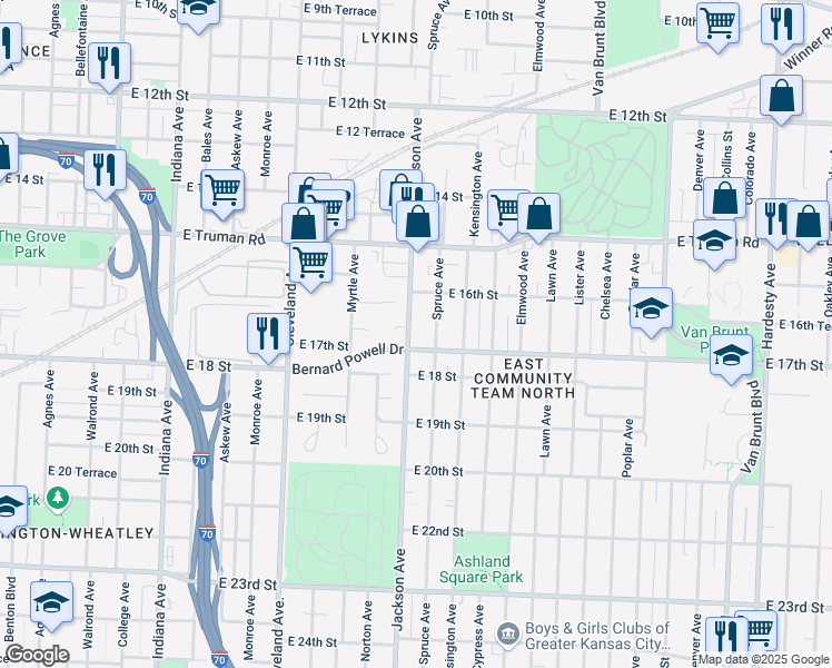 map of restaurants, bars, coffee shops, grocery stores, and more near 1633 Jackson Avenue in Kansas City