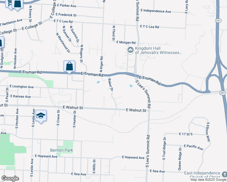 map of restaurants, bars, coffee shops, grocery stores, and more near 1301 Baker Drive in Independence