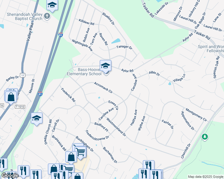 map of restaurants, bars, coffee shops, grocery stores, and more near 112 Accomack Circle in Stephens City