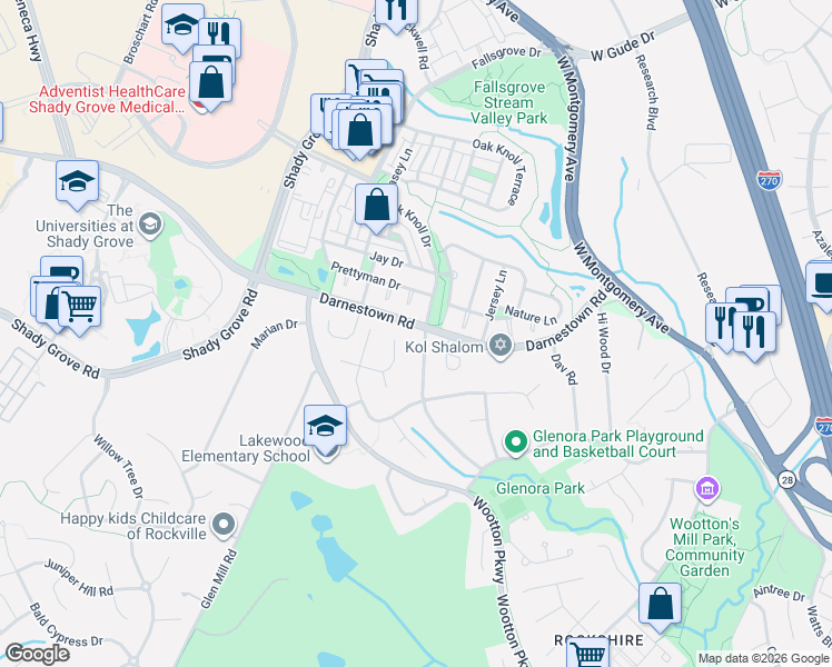 map of restaurants, bars, coffee shops, grocery stores, and more near 2998 Glenora Lane in Rockville