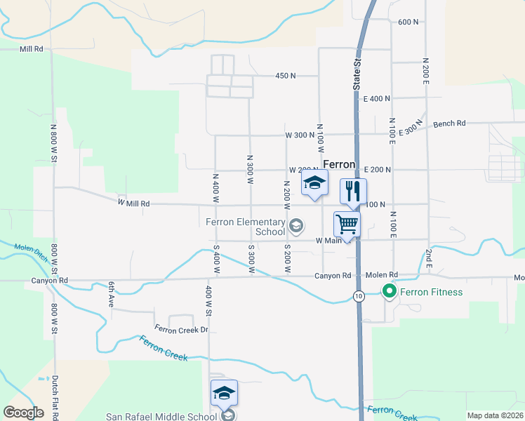 map of restaurants, bars, coffee shops, grocery stores, and more near 265 West Mill Road in Ferron