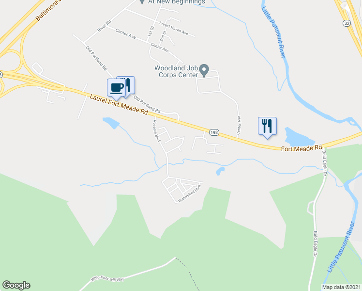 map of restaurants, bars, coffee shops, grocery stores, and more near 3427 Heron Glen Way in Laurel