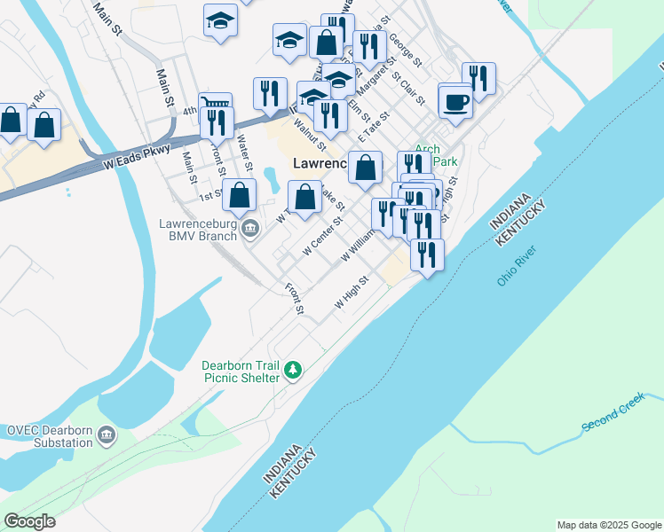 map of restaurants, bars, coffee shops, grocery stores, and more near 217 Charlotte Street in Lawrenceburg